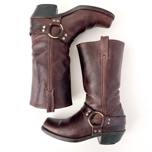 FRYE | 12R Harness Brown Leather Square Toe Moto Biker Boots Mid Calf Size 7.5 - Picture 8 of 13