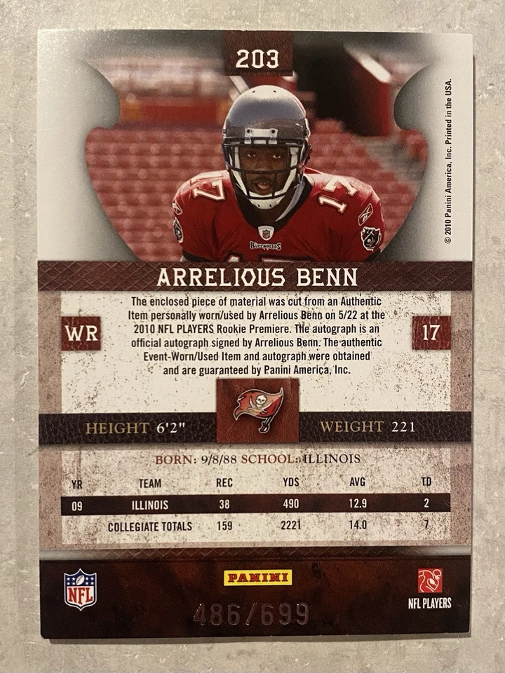 2010 PANINI PLATES PATCHES ARRELIOUS BENN #203 ROOKIE JERSEY RPA /699 3 COLOR - Image 2 of 2