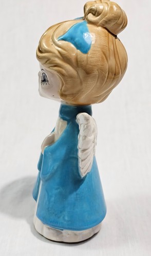 Vtg Singing Angel Figurine Ceramic 7.5" Hand Painted Pearlescent Wings Blue Gown - Picture 4 of 6