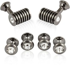 Gunmetal Clear Barrel Crystal Cufflinks and Studs Formal Set with Jewelry Pre...
