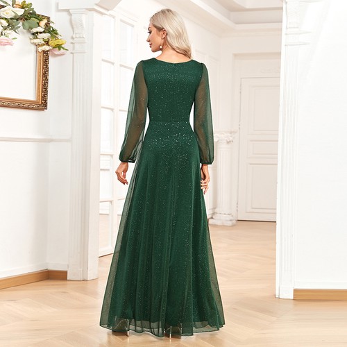 Elegant V-Neck Chiffon Evening Dress A-Line Long-Sleeved Wedding Party Dress - Imagen 5 de 8