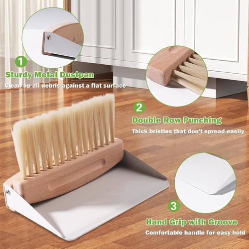 Kleines Kehrschaufel- und Bürstenset mit Holzstiel, tragbarer Handbesen weiß  - Bild 3 von 6