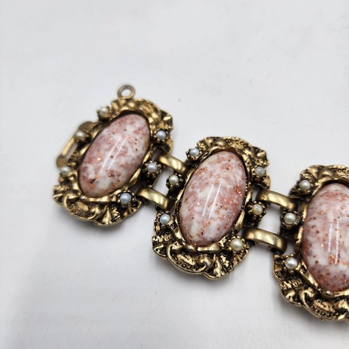 Bracciale Largo Selini Vintage Anticato Tono Oro Pietre Rosa Non Firmato - Foto 4 di 10