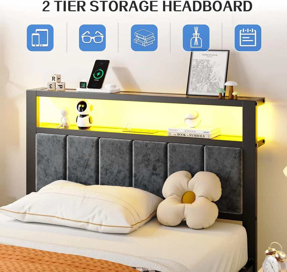 Twin Size Platform Bed Frame with LED Lights, Grey Upholstered Headboard with 2- - Image 3 of 4