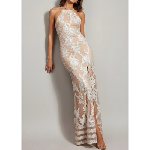 118 $ Neu mit Etikett Lulus schillerndes besticktes rückenfreies Maxikleid, champagnerfarben, XS - Bild 2 von 12