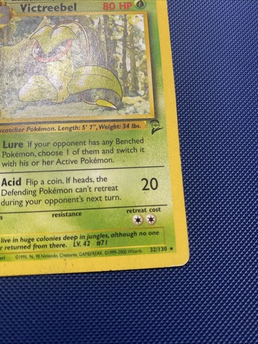 Victreebel Pokemon Card 32/130 Base Set 2 Unlimited Non Holo Rare Vintage MP - Picture 3 of 10