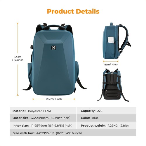 K&F Concept Camera Backpack Hardshell Photography DSLR Bag for Canon/Nikon/Sony - Picture 7 of 7
