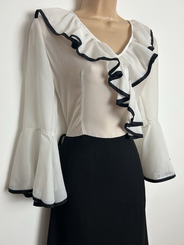 Vintage 70s IMPRESSION DE PARIS Black & White Ruffled Occasion Maxi Dress 8-10 - Picture 4 of 5