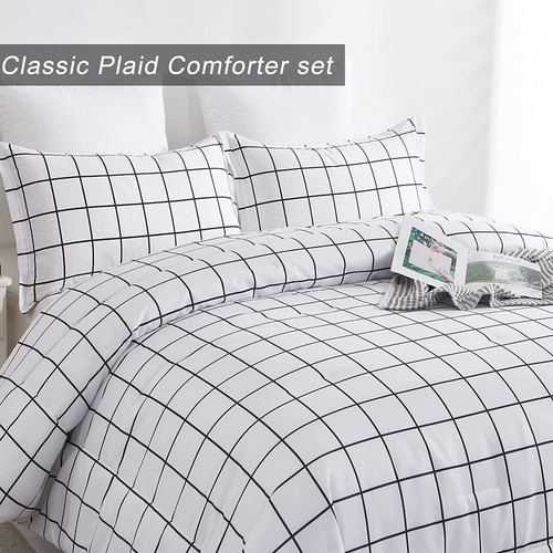 White Plaid Comforter Sets Queen Size White and Black Buffalo Checker Grid Be... - Picture 2 of 7