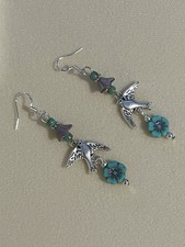 New Whimsical Teal  Purple Czech Flower And Bird Earrings