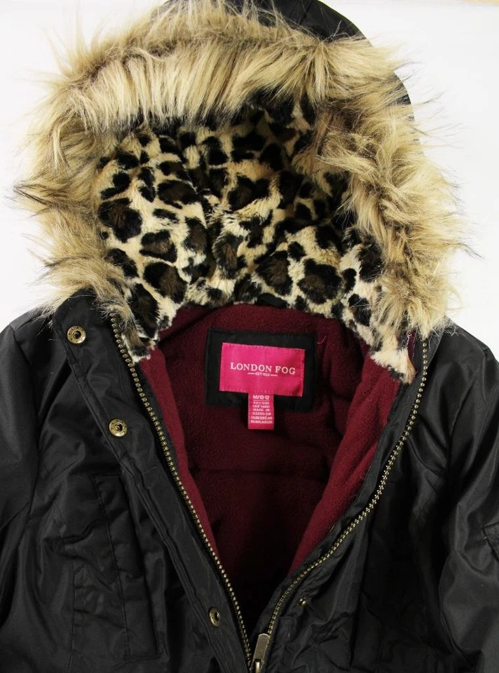 Chaqueta London Fog Niñas M 10/12 Puffer Acolchada Imitación Piel Capucha Cremallera Completa Negra $125 Foto 3 de 4