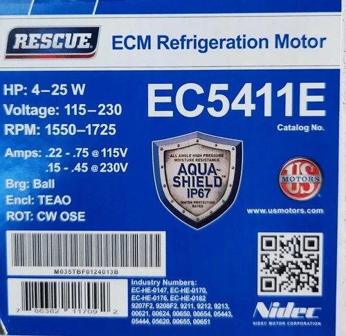RESCUE ECM REFRIGERATION MOTOR EC5411E (115/230V 4-25W, 1550-1725 RPM) US MOTORS