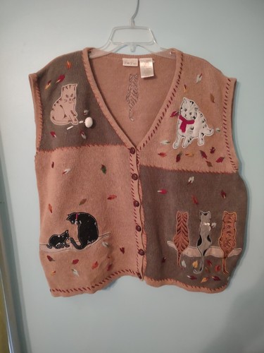 Chaleco Suéter Vintage Tacky Otoño con Gatos - Bobbie Brooks - 26W-28W / 3XL - Beige - Imagen 1 de 5