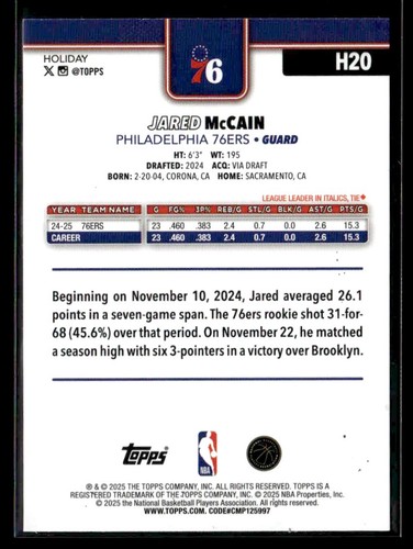 2025-26 Topps Holiday #H20 Jared McCain - Picture 2 of 2