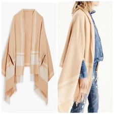 NWT J. Crew Plaid Wool Blend Poncho Cape Scarf Shawl Pockets Fringe Tan Cream OS