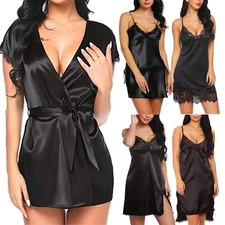 Sexy Lingerie Womens Sling Dress Satin Lace Robe Babydoll Nightgown Sleepwear US