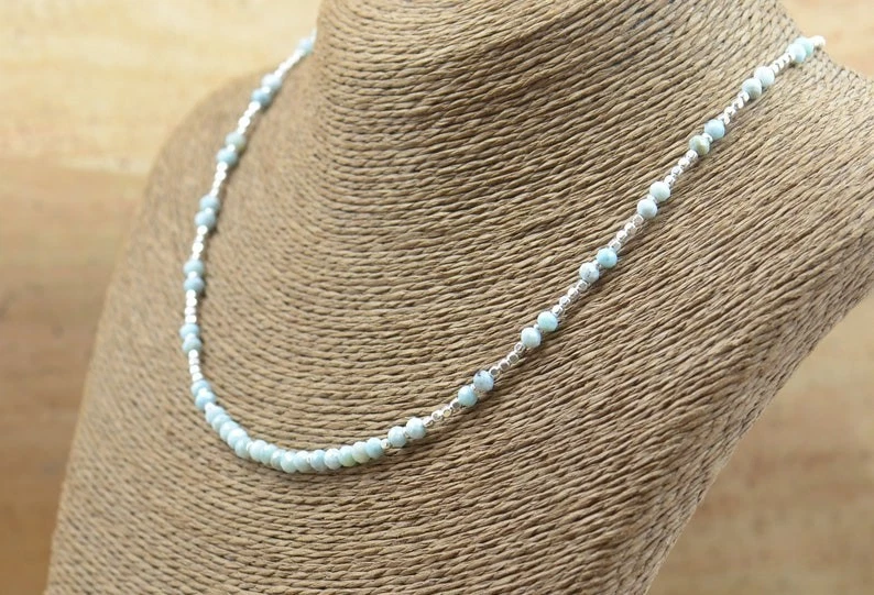 Collares redondos facetados pequeños azul amazonita 2-3 mm piedras preciosas con cuentas hombres mujeres 18" Foto 4 de 4