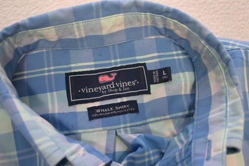 Vineyard Vines Whale Dress Shirt Nylon Polyester Casual Plaid Boys Mens Sz Large - Picture 7 of 9