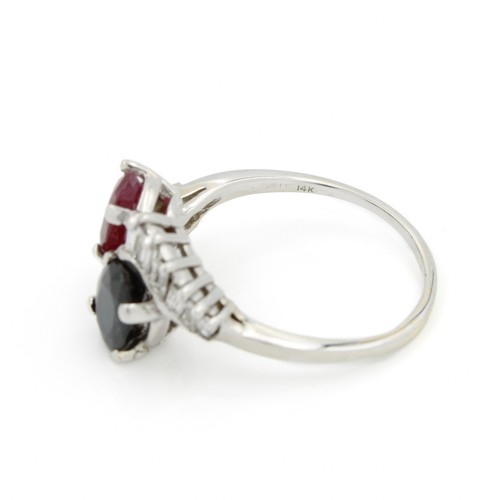 14k White Gold Midcentury Bypass Ruby Sapphire & Baguette Diamond Ring #JB413-5 - Picture 6 of 7