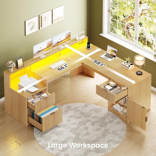 66" L Shaped Computer Desk with Drawers, Fluted Home Office Desk with Led Lights - Bild 18 von 42
