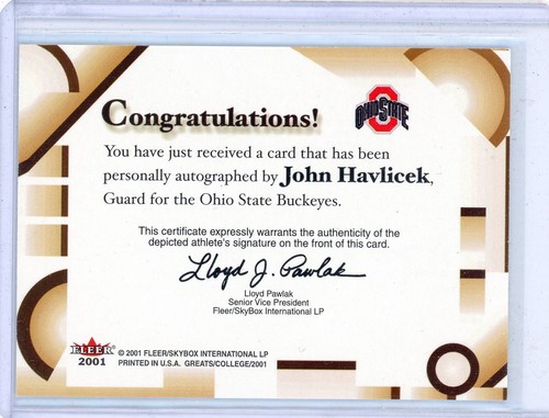 JOHN HAVLICEK 2001 FLEER GREATS of the GAME BASKETBALL Autograph *ON-CARD AUTO - Picture 2 of 2