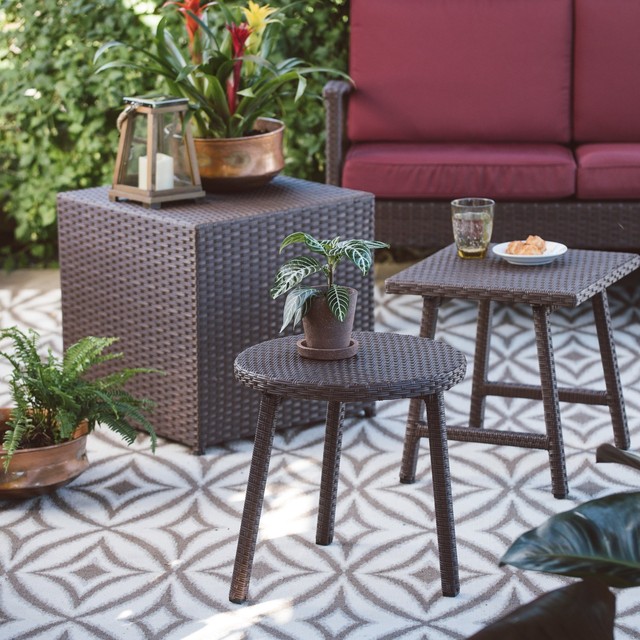 Set Of 3 Outdoor Brown Resin Wicker Patio Table Side Tables - Plastic Wicker Patio Set Set Of 3 Outdoor Brown Resin Wicker Patio Table Side Tables - Plastic Wicker Patio Set