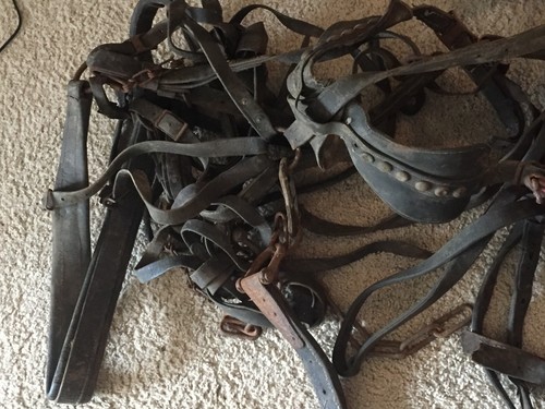 Antique Pair of Red Painted Horse Hames with Leather Sleigh Harness - Picture 3 of 11