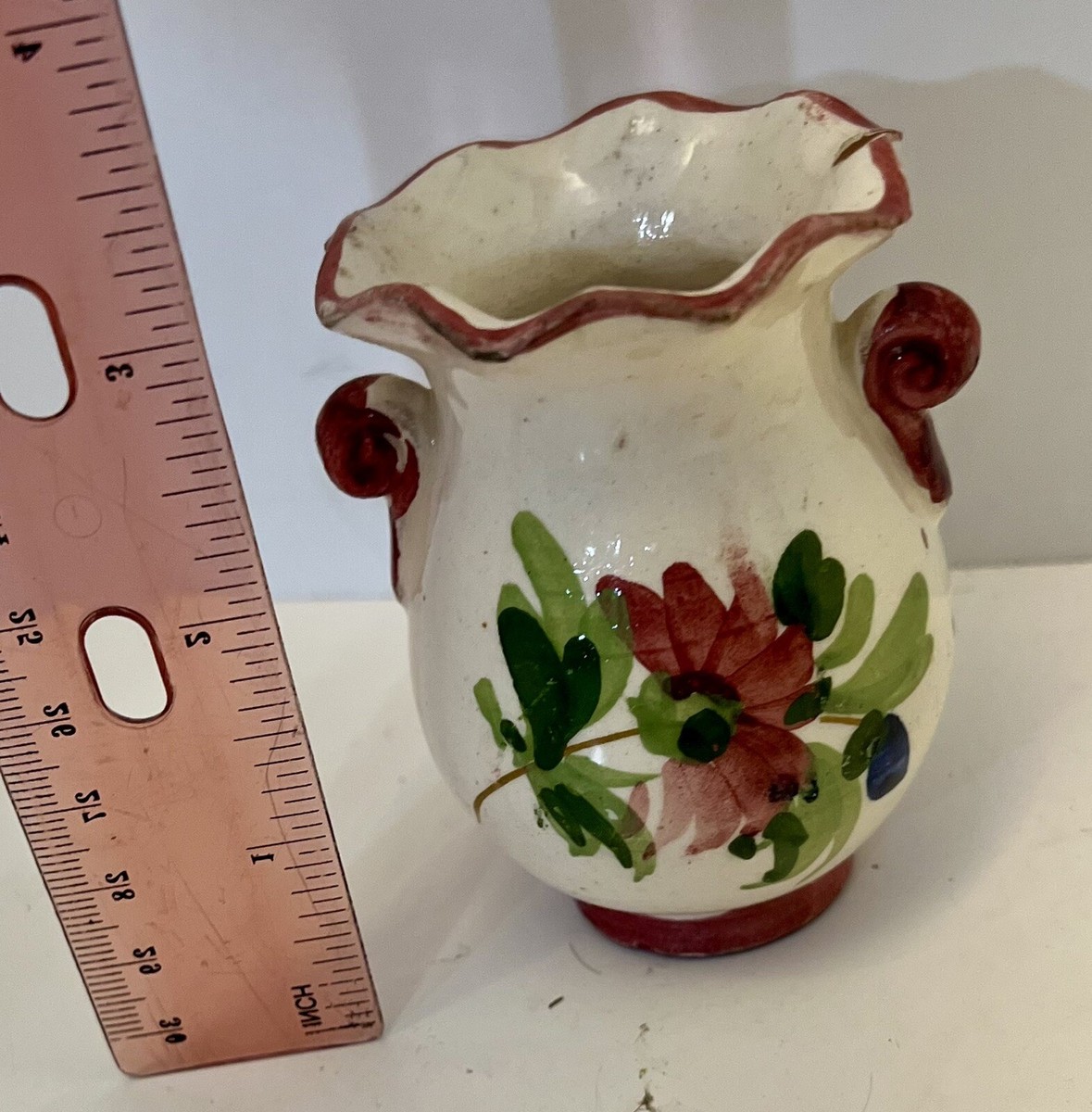 Flower Vase Hand Painted 3“ With Handles Marked Italy Red Clay