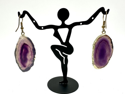 Handmade Genuine Purple Agate Gold Plated Slice Earrings - Picture 2 of 5