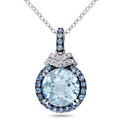 Amour Sterlingsilber Blautopas und Diamant Akzent Heiligenschein Anhänger mit Kette