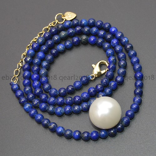 4mm Natural Assorted Gemstone 14mm Round White Shell Pearl Pendant Necklace 18'' - Picture 116 of 198