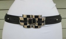 Express Womens Black Leather Stretch Silver Statement Hook Buckle Belt - S to M