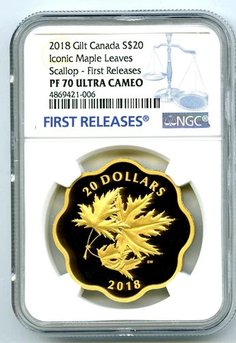 2018 $20 CANADA GOLD GILT SILVER NGC PF70 MASTERS CLUB ICONIC MAPLE LEAVES FR