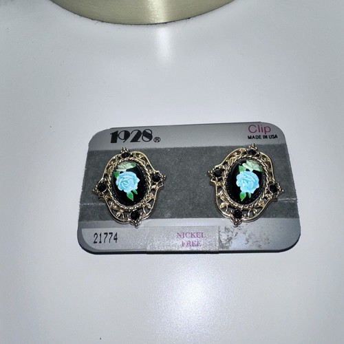 Pendientes de clip de diamantes de imitación de porcelana con flores verdes azules en tono dorado 1928 - Imagen 2 de 7