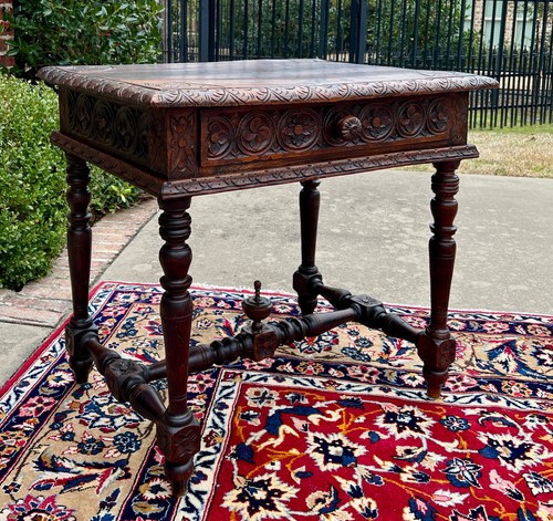 Antique French Desk Writing Table Nightstand PETITE Drawer Carved Oak  c. 1900 - Picture 8 of 24