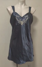 Vintage Val Mode Satin Icy Blue Babydoll Nightgown Embroidered Sissy Medium 