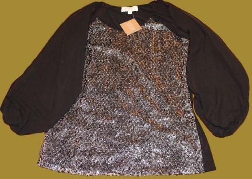 AMERICAN GLAMOUR BADGLEY MISCHKA CHIFFON SEQUIN BLOUSE XS or M BLACK BLUE GOLD - Foto 8 di 24