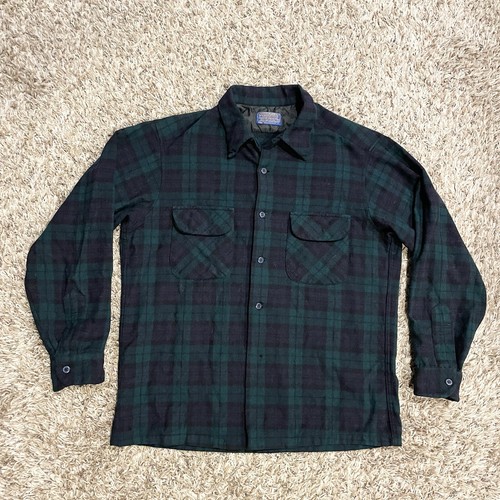 VTG Pendleton Board Shirt Flannel Blue Green Plaid Loop Collar Flap Pockets Sz L - Picture 1 of 14