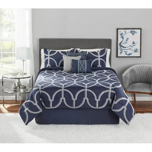 7-Piece Dark Blue Roses Comforter Set For Bedroom King Size Geometric Design - Picture 6 of 6
