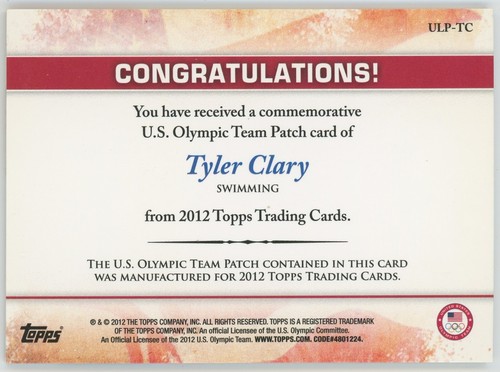 TYLER CLARY 2012 Topps U.S. Olympics Team Patch Card - Picture 2 of 2