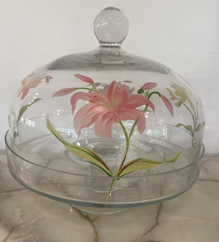Vintage 10" Diameter Pedestal Cake Plate Glass & Painted Flower Glass Dome Lid - Picture 6 of 8