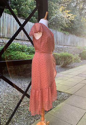 brown polka dot dress abercrombie Abercrombie & Fitch Rust Brown Tiny Polka Dot Wrap Dress - Chiffon Ruffle  Size L