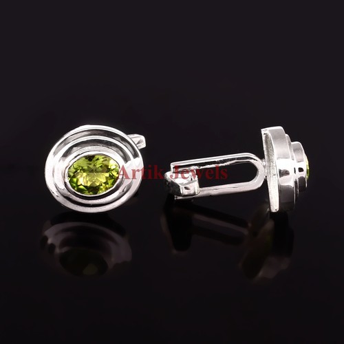 Natural Peridot Gemstone With 925 Sterling Silver Cufflink #177 - Picture 2 of 3