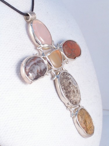 Croce in ARGENTO 925 con Pietre Dure naturali - ciondolo con girocollo - Picture 3 of 6