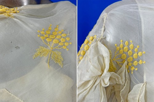 Vintage Organdy creme gelb bestickt Weinblatt Gürtel Schrägschnitt Kleid & Slip - Bild 3 von 3