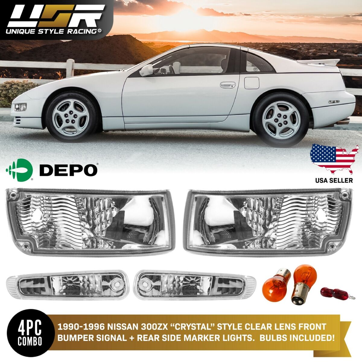 DEPO JDM Chrome Clear Bumper + Rear Side Markers For 1990