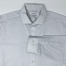 Calvin Klein Slim Fit White w/ Blue Geometic Dots Stretch Men's Shirt Size Large