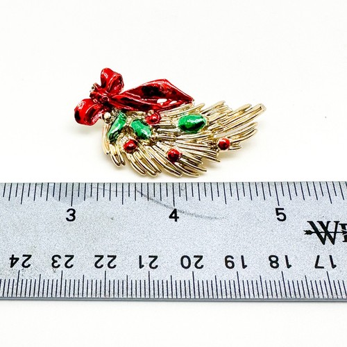 Christmas Bow Swag Brooch Pin Unbranded Gold Tone Red Green Enamel Vintage - Picture 8 of 8