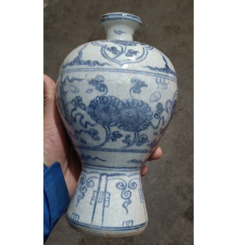 8.7" China Yuan Blue and White Porcelain Chai Kiln Foo Fu Dog Lion Plum Vase - Picture 2 of 5