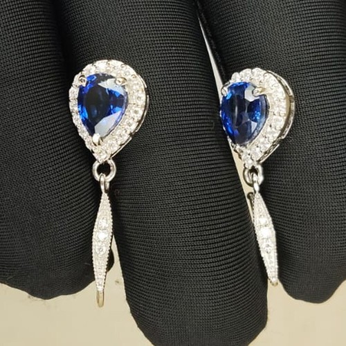 4.00ct Pear Natural Sapphire & Diamond Drop/Dangle Earring 14K White Gold Plated - Picture 12 of 20